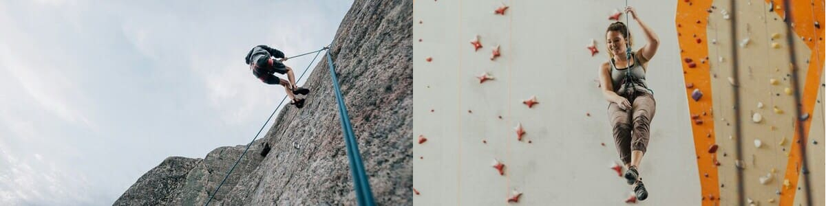 Klettersicherheit – Unterschiede zwischen Halle und Fels beim Abseilen Kletterer seilt sich draußen am Fels ab, während eine Kletterin in der Halle abseilt – Vergleich der Sicherheitsaspekte in beiden Umgebungen