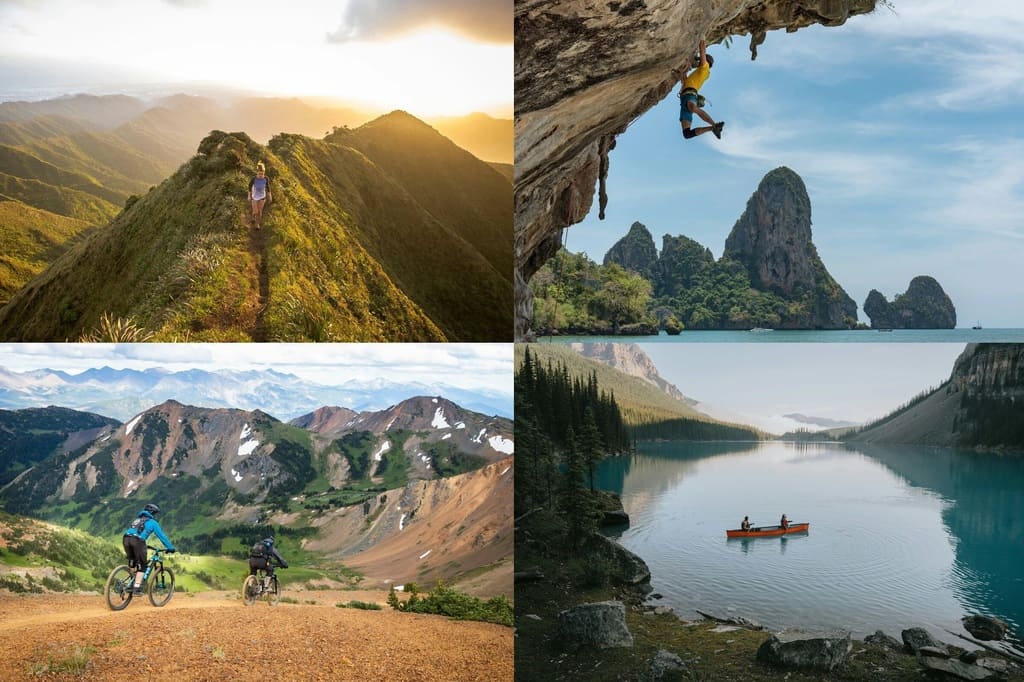 Outdoor Aktivitäten – Wandern, Klettern, Mountainbiken und Kanufahren in der Natur Menschen beim Wandern, Klettern, Mountainbiken und Kanufahren – Vielfalt der Outdoor Aktivitäten in der Natur erleben